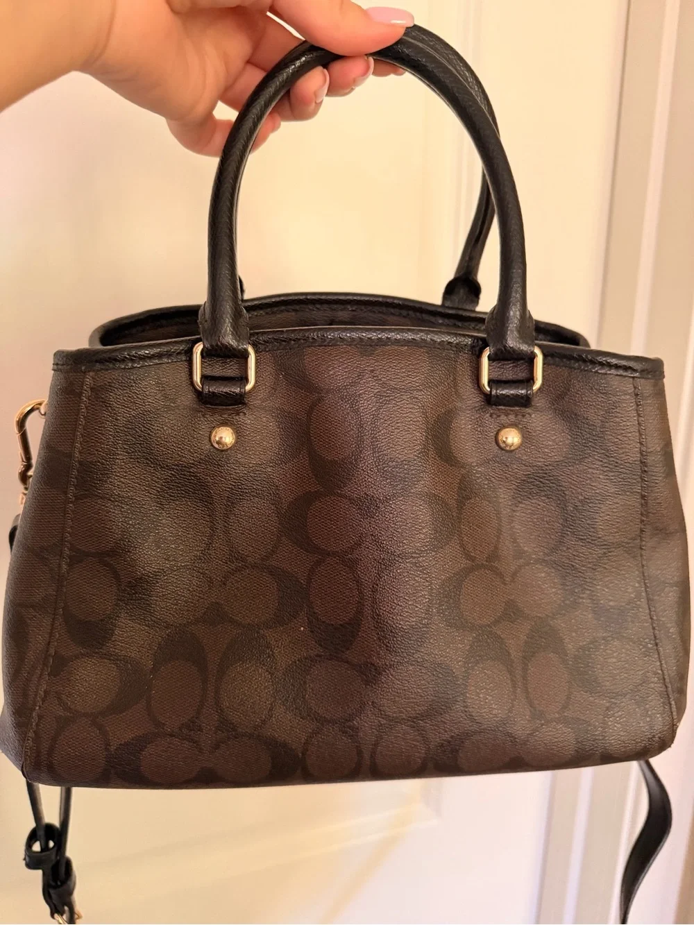 Coach Brown Signature Small Satchel with Black Handles